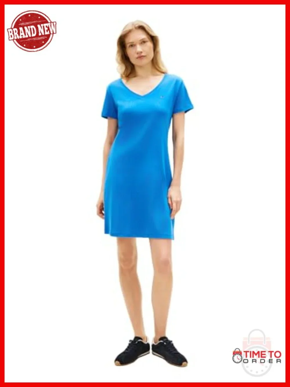 Cotton V-Neck T-Shirt Dress, Loose Fit, Short Sleeve, Casual Dress for Women